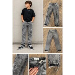 Boys Size 6 Gray Acid Wash Distressed Jeans Cargo Y2K Skater Grunge Denim Cotton